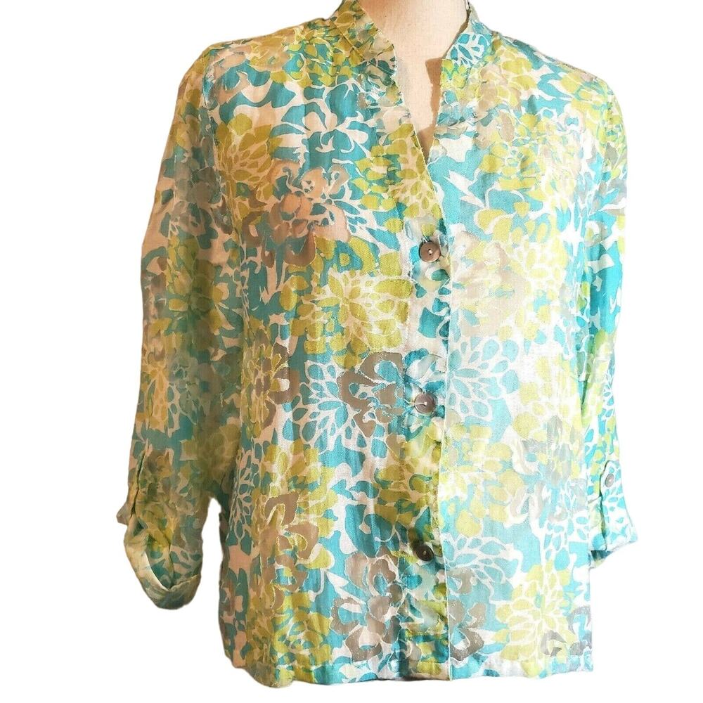 Ruby Rd. Blue & Green Floral Top Size 12 Burnout Pearlescent Buttons Cottage